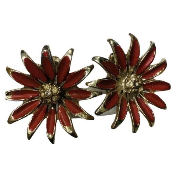 Vintage Red Enamel Sunflower Rhinestone Gold Tone Clip On Button Earrings - Picture 3 of 10